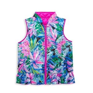 Lilly Pulitzer Girls Reversible Quilted Down Ruffle Vest Floral Peplum Pink 6-7
